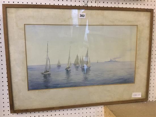 19/20C English School, watercolour, yachts and battleship of the coast